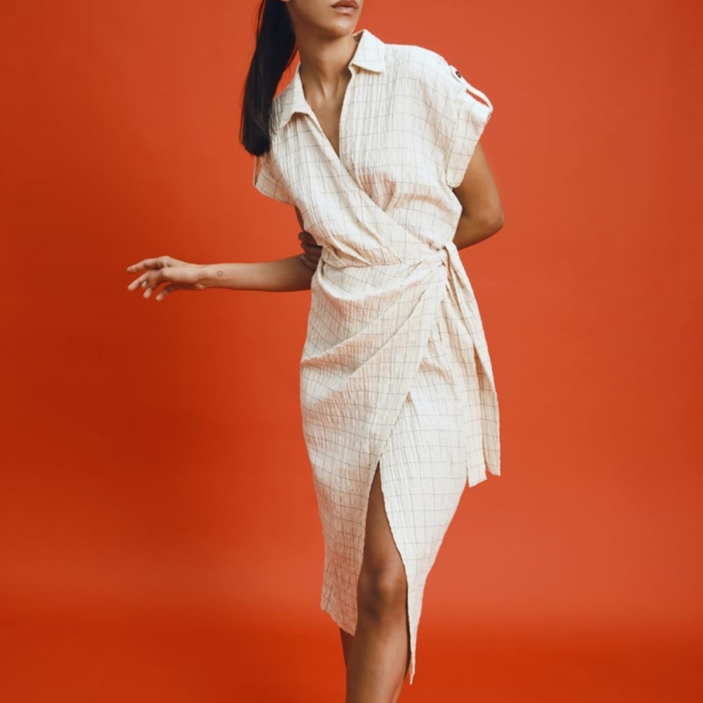 Zara off-white checkered wrap dress
